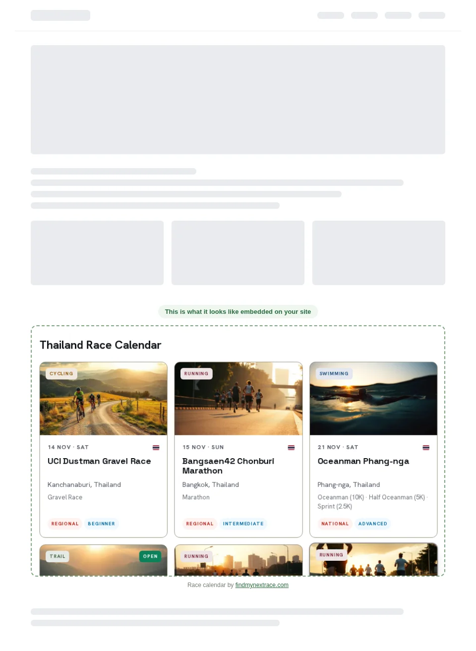 A generic web page with placeholder content above and below, and the findmynextrace.com race calendar widget embedded in the middle of the page