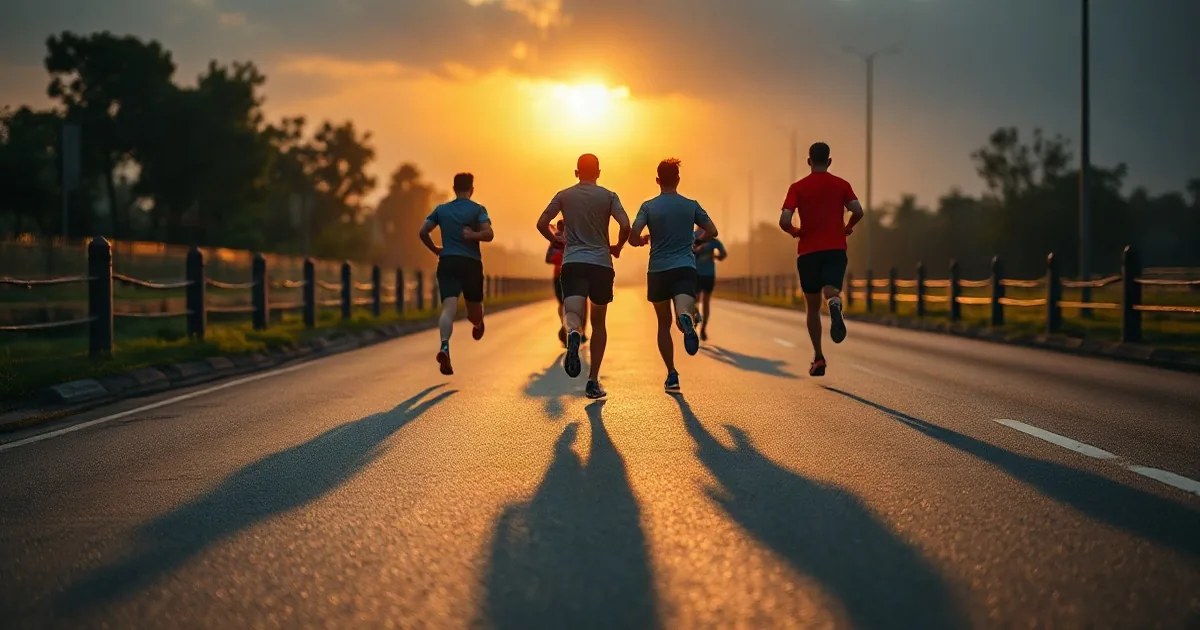 Runners on a road in morning light