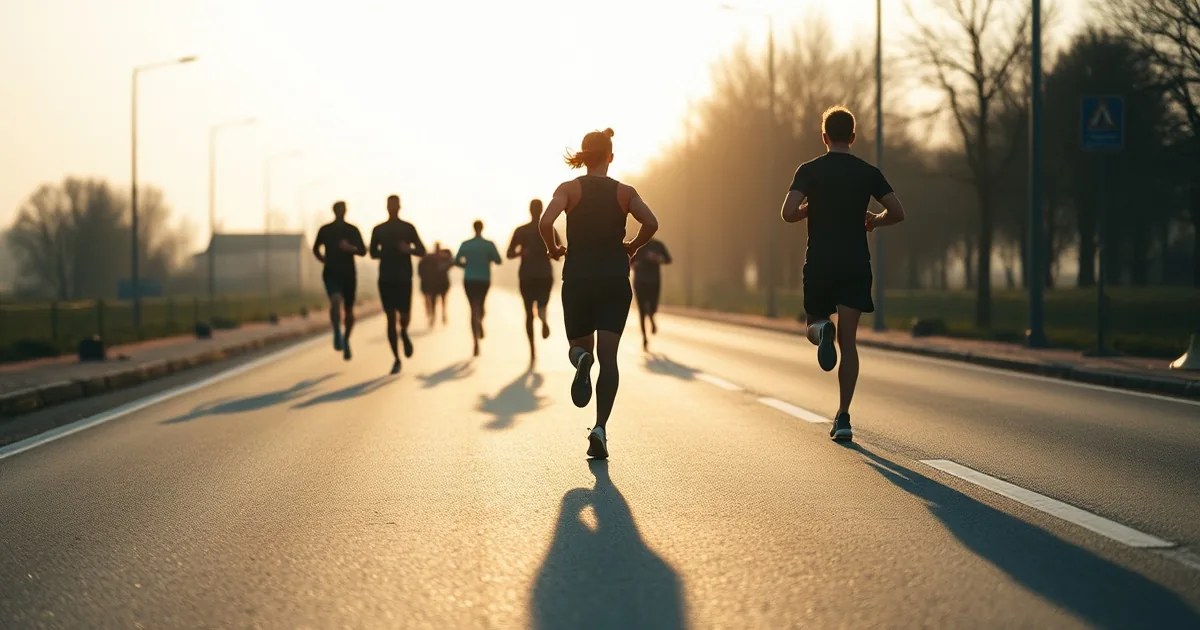 Runners on a road in morning light