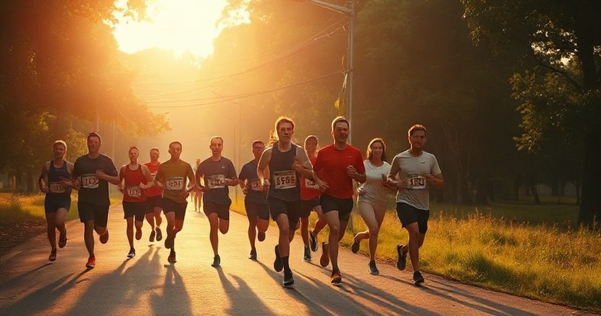 A group of runners on a tree-lined road at sunrise
